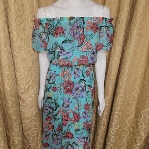 Women's Medium "Decree" Turquoise Floral Off-Shoulder Maxi Dress